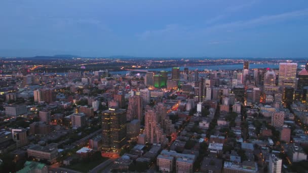 Montreal Quebec Aerial V24 Flying Low Downtown Dusk Cityscape Views — Video Stock