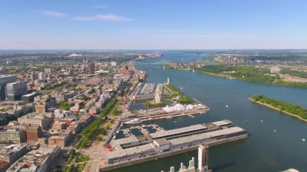 Montreal Quebec Aerial V69 Létání Nad Nábřežím Výhledem Řeku Město — Stock video