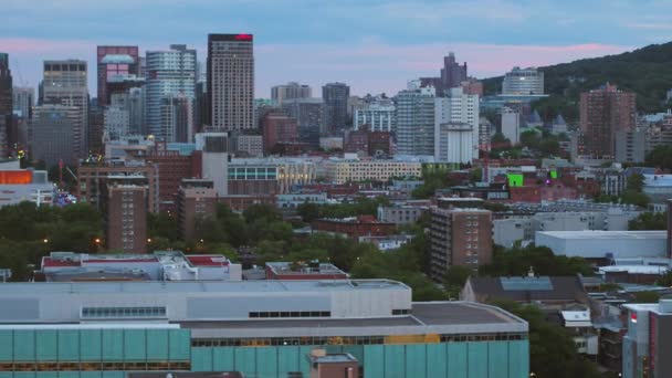 Montreal Quebec Aerial V81 Flying Low Downtown Cityscape Views Dusk — Stock Video