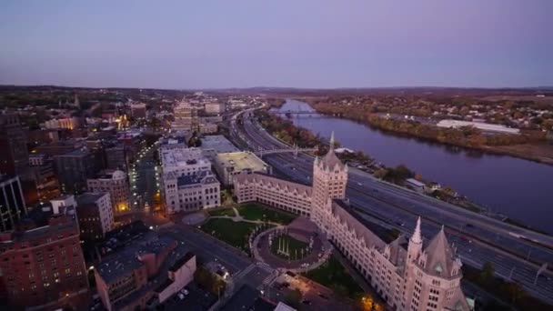 Albany New York Aerial V21 Panoramic Cityscape Building Wide Downtown — Stock Video