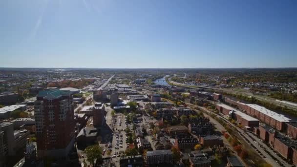 Manchester New Hampshire Aerial Slow Panoramic Birdseye Reverse Downtown Cityscape — Stock Video