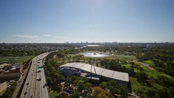 Nyc New York Aerial V138 Panning Flushing Meadows Corona Park — Wideo stockowe