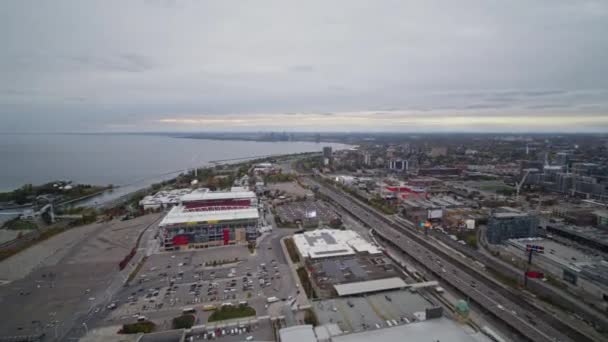 Toronto Ontario Aerial V16 Panning Niagara Waterfront Ending Stadium Birdseye — стокове відео