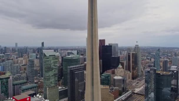 Toronto Ontario Aerial Panning Zooming Tower Downtown Cityscape Backdrop October — Stock Video