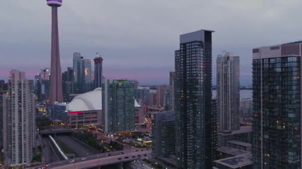 Toronto Ontario Aerial V46 Picturesque Approach Cityplace Downtown Cityscape Sunset — Stock Video