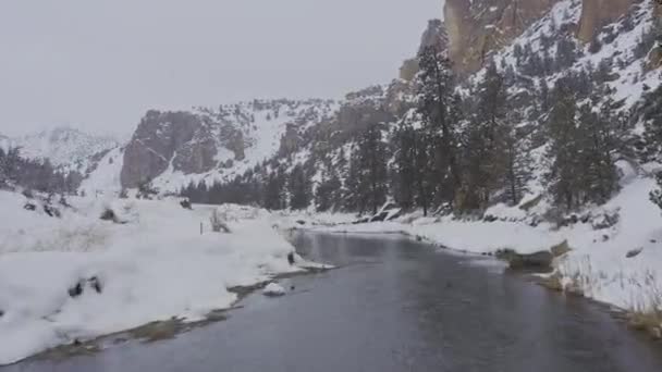 Oregon Aerial V38 Laag Vliegend Langs Het Besneeuwde Rivierlandschap Aan — Stockvideo