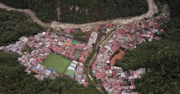 Águas Calientes Peru Aeronave Voando Sobre Cidade Olhando Para Baixo — Vídeo de Stock