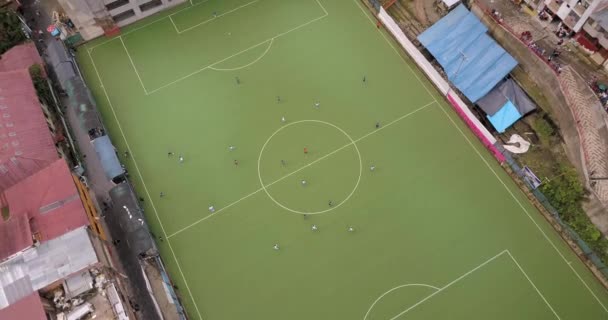 Aguas Calientes Peru Aerial Flying Low Soccer Game Looking April — Stock Video