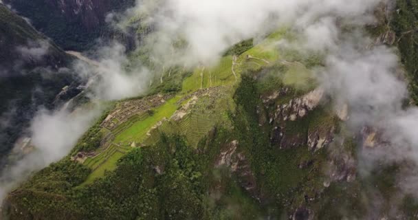 Machu Picchu Peru Antenne Vogelperspektive Fliegt Über Antike Ruinen April — Stockvideo