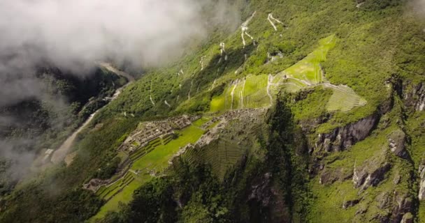 Machu Picchu Peru Luchtfoto Birdseye Uitzicht Vliegen Oude Ruïnes April — Stockvideo