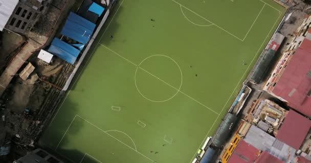 Aguas Calientes Peru Aerial V25 Flying Low Soccer Field Looking — Stock Video