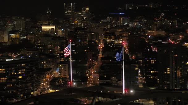 Portland Aerial V94 Closeup Shot Living Fremont Bridge Flags Cityscape — стокове відео