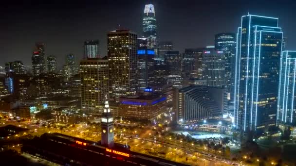 San Francisco Aerial V76 Cityscape Hyperlapse Night Moving Away Embarcadero — Wideo stockowe