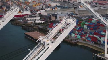Seattle Havalimanı v94 yakın çekim şehir manzaralı vinç etrafında alçaktan uçarken - Nisan 2017