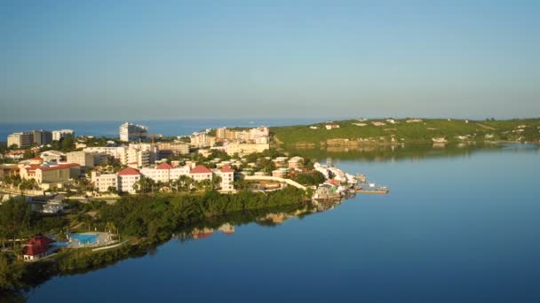 Maartin Aerial V15 Flying Low Lagoon Panning Maho Views Sunrise — Stock Video