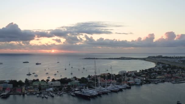 Maartin Aerial V68 Flying Low Simpson Bay Lagoon Panning Airport — Stock Video