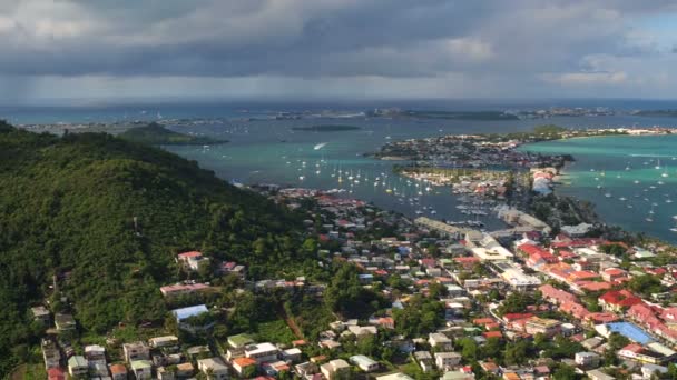 Maartin Aerial V79 Flying Low Marigot Town Area Panning January — Stock Video