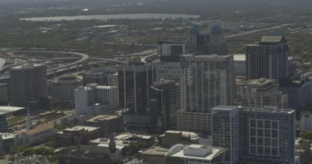 Orlando Florida Aerial V13 Pan Left Shot Downtown Cityscape Sunny — Stock Video