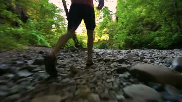 Человек, идущий по скалам — стоковое видео