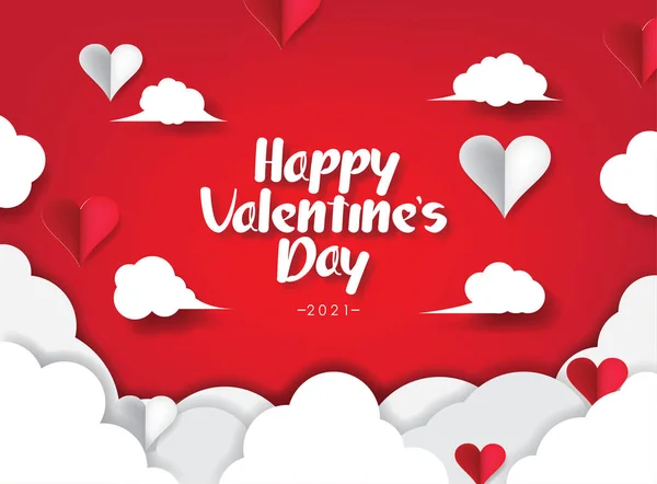 Happy Valentine Day 2021 Card Illustration Vector Design Papercut Clouds — Stock Vector