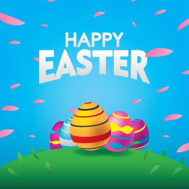 Renkli yumurtalı Mavi Paskalya Kartı. Paskalya Günü Kutlama Vektörü illüstrasyonu.