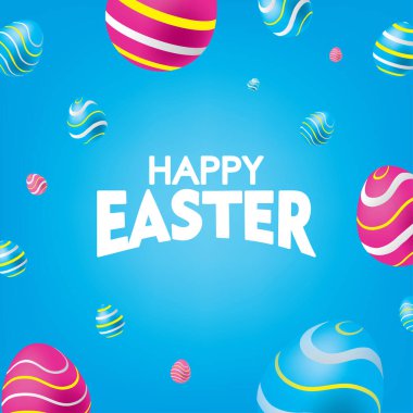 Renkli yumurtalı Mavi Paskalya Kartı. Düşen Paskalya Yumurtası Arkaplan Vektörü illüstrasyonu.