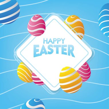 Renkli yumurtalı Mavi Paskalya Kartı. Paskalya Günü arkaplan vektörü çizimi.