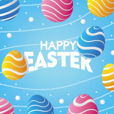 Renkli yumurtalı Mavi Paskalya Kartı. Paskalya Günü arkaplan vektörü çizimi.