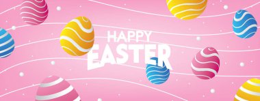Pink Happy Easter Banner with Colorful Eggs. Easter Day background Vector illustration.