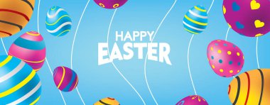 Blue Happy Easter Banner with Colorful Eggs. Easter Day background Vector illustration.