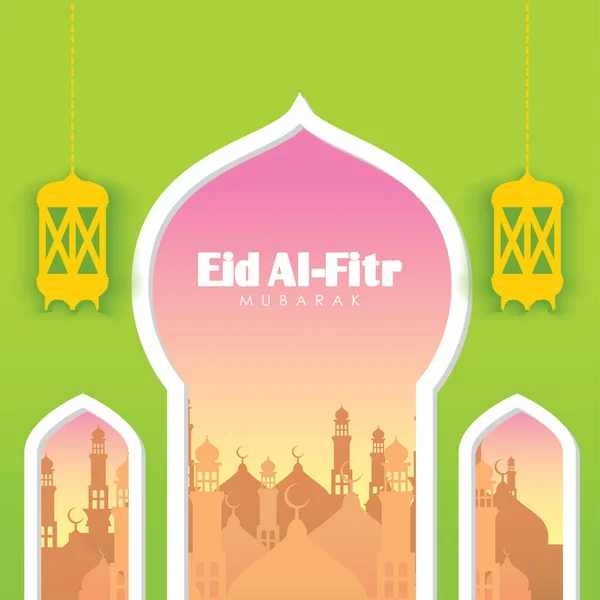 Eid Fitr Wenskaart Moskeeën Dageraad Hemel Groene Achtergrond Vector Illustratie — Stockvector