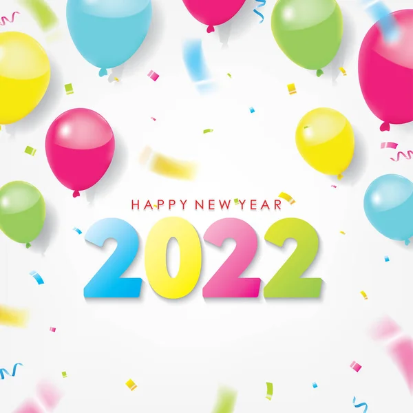 Colorido 2022 Feliz Ano Novo Saudação Com Balões Espalhados Conffetis — Vetor de Stock
