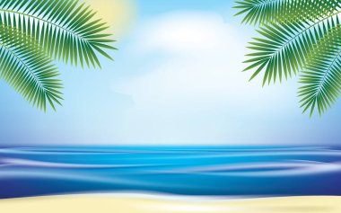Yeşil Bitkilerle Yaz Tatili İllüstrasyonu, Mavi Okyanus ve Gökyüzü Arkaplanı. Banner, Flyer, Davetiye ve Broşür için Yaz Vektörü Tasarımı