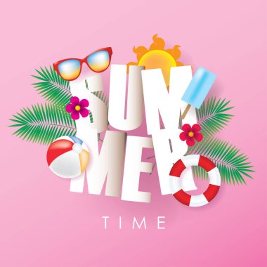 Pembe Arkaplanda 3 boyutlu Typography Letter ile Yaz Saati Tatil İllüzyonu. Banner, Flyer, Davetiye ve Broşür için Yaz Vektörü Tasarımı
