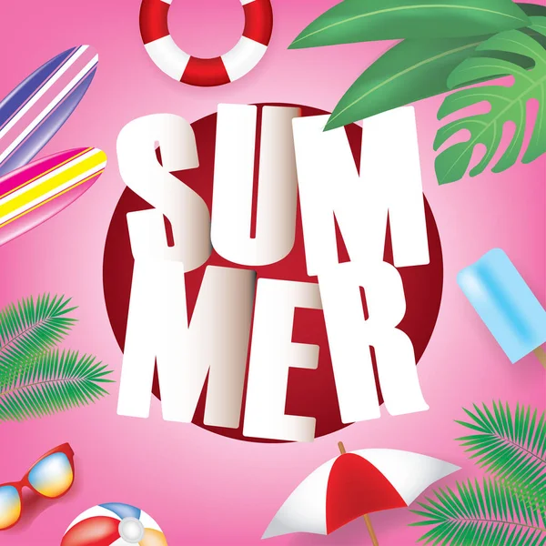 Sommerferienillustration Mit Typografie Letter Auf Rosa Hintergrund Sommervektordesign Für Banner — Stockvektor