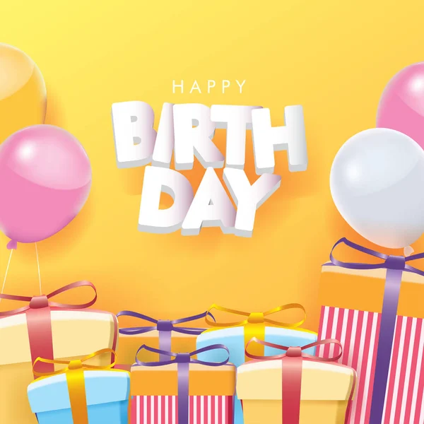 Feliz Cumpleaños Con Globos Cajas Regalo Sobre Fondo Amarillo Signo — Vector de stock