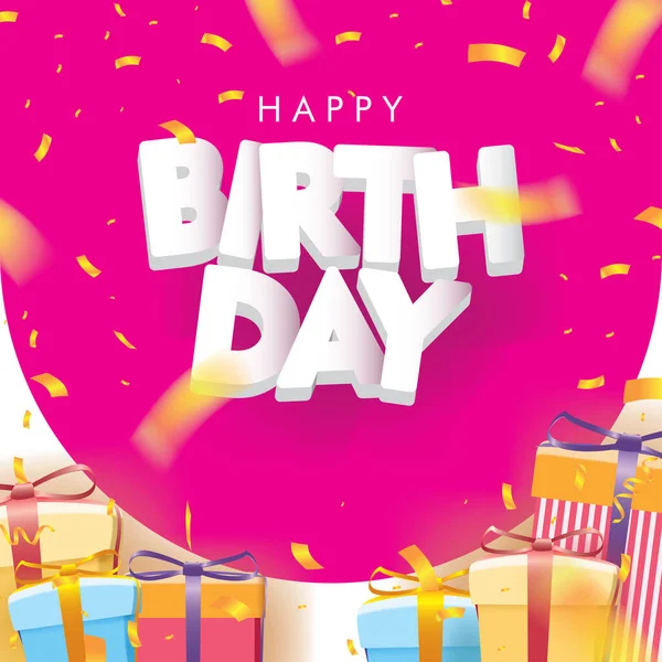 Happy Birthday Conffeti Gift Boxes Pink Background Sign Greeting Congratulations — Stock Vector
