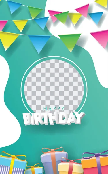 Tarjeta Feliz Cumpleaños Con Foto Ranura Fondo Verde Signo Saludo — Vector de stock