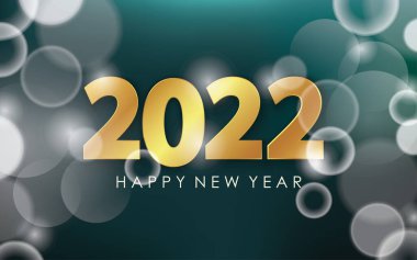 2022 Mutlu Yıllar Bokeh Efekti ile Koyu Yeşil Arkaplan. Vektör İllüstrasyonu. Broşürler, broşürler, kartpostallar ve posterler için tasarım ögesi.
