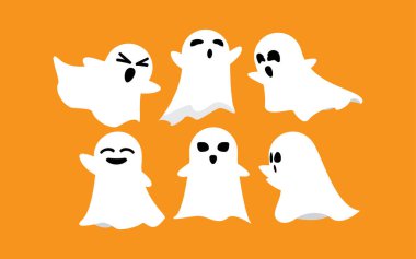 Cadılar Bayramı hayaletleri. Ürkütücü Beyaz Hayalet sevimli şeytani korku silueti korkunç Ekim tatili tasarımı için, düz vektör izole ikon seti