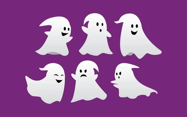 Halloweengeesten Ingesteld Spooky White Ghost Vlieg Schattig Kwaad Horror Silhouet — Stockvector