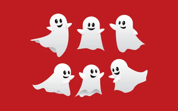 Halloweengeesten Ingesteld Spooky White Ghost Vlieg Schattig Kwaad Horror Silhouet — Stockvector