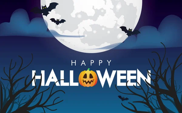 Happy Halloween Greeting Card Creepy Halloween Night Full Moon Bats — Stock Vector