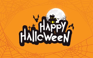 Yarasalı Cadılar Bayramı tebrik kartı, Korkunç Ev ve Turuncu Arkaplan Vektör Tasarımı Dolunayı.