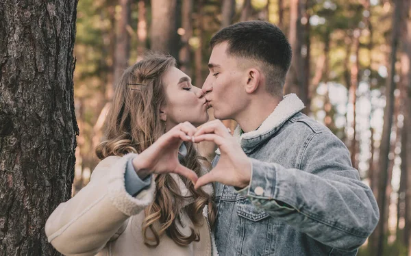 Couple Pine Forest Kissing Making Heart Out Hands — Stock Photo, Image