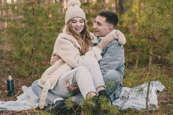 Couple Picnic Pine Forest Girl Sits Guy Arms Pine Forest — Stock Photo, Image