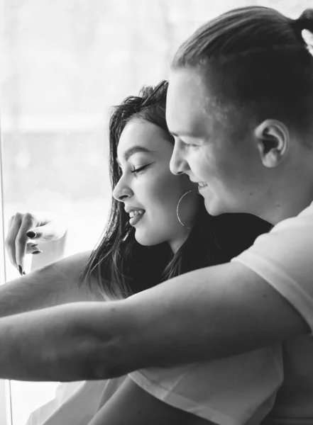 Couple Home Dressed Home Clothes Sitting Windowsill Black White Photo — Stock Photo, Image