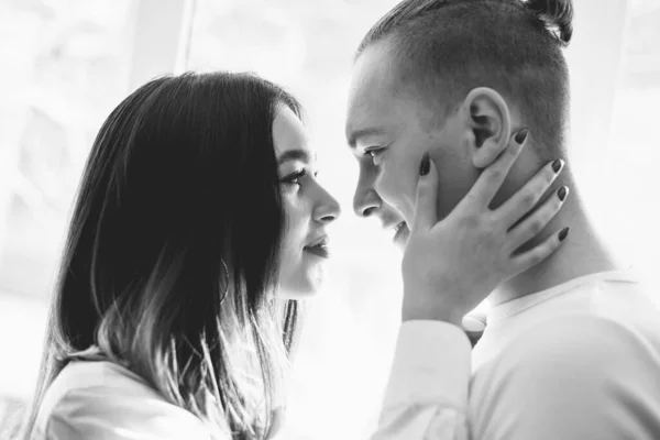 Woman Hugs Man Her Hands His Face Black White Photo — Stock Photo, Image