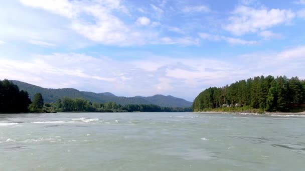 アルタイの美しい自然 緑の山々の背景に山の川のカトゥン 雲と青空 水を求めて 夏の日にドローン撮影 水平カメラの動き — ストック動画