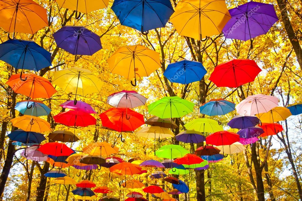Autumn umbrellas in the sky — Stock Photo © APylsyn 56194863